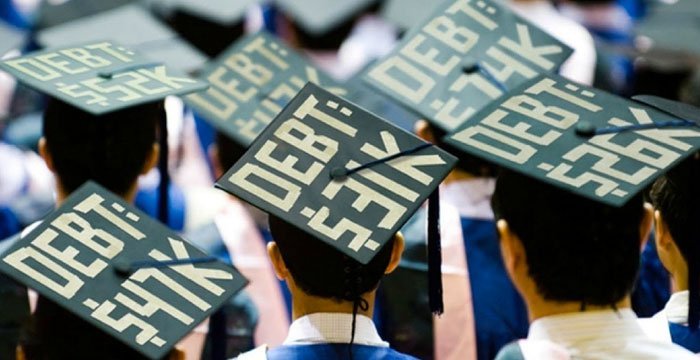 Mortar Boards show amount of student debt for each graduate